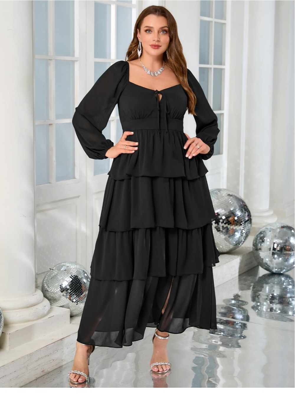 Amazon Black Tiered Maxi Dress with Long Sheer Sleeves